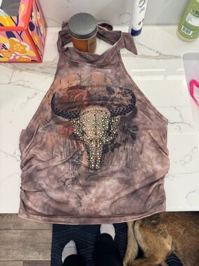 Studded Skull Graphic Tank Top - Taupe Brown with Black & Gold